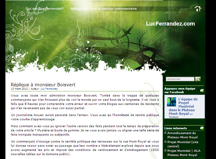 Interface du blogue de Luc Ferrandez